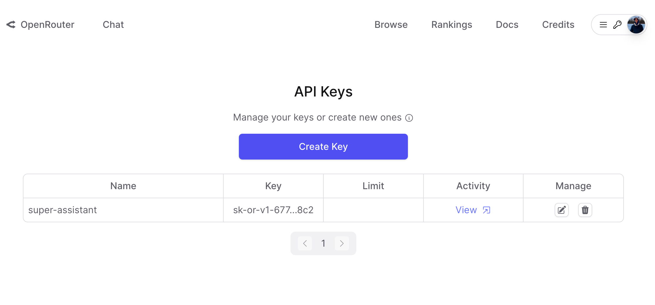 OpenRouter API Key page