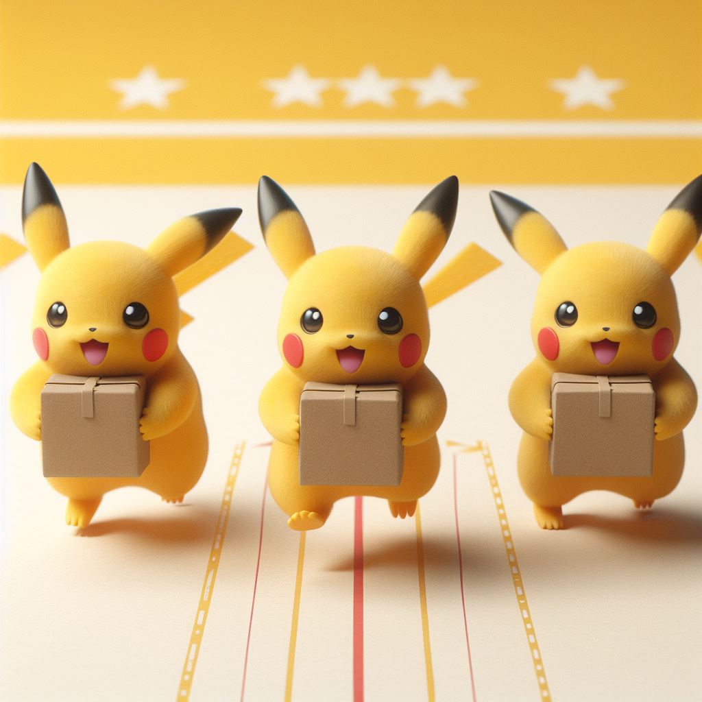 Three pikachus delivering packages